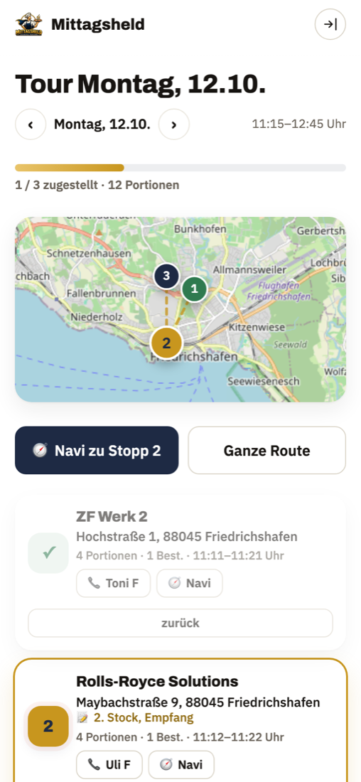 Fahrer-Portal: Tour mit Karte, Navigation und Zugestellt-Taste
