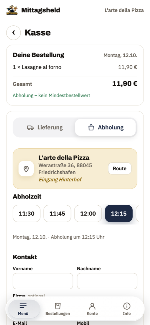 Kasse der Mittagsheld-App: Lieferung oder Abholung, Abholzeit wählen